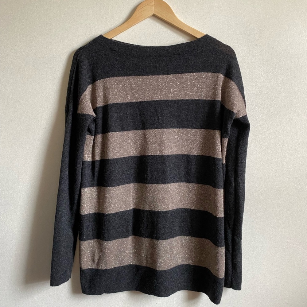 Vince Grey And Gold Metallic Stripe Cashmere Sweater L